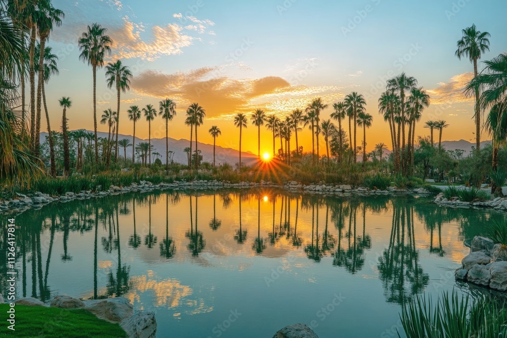 Obraz premium serene sunset reflection over a tranquil pond surrounded by palm trees