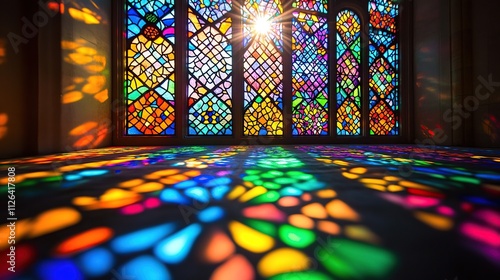 A beautiful stained-glass window illuminated by the sun, the patterns representing the colorful spectrum of creativity. photo