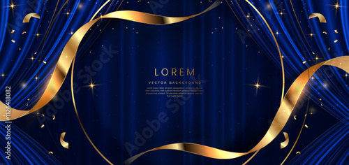 Blue curtain background. Golden confetti banner and ribbon background.