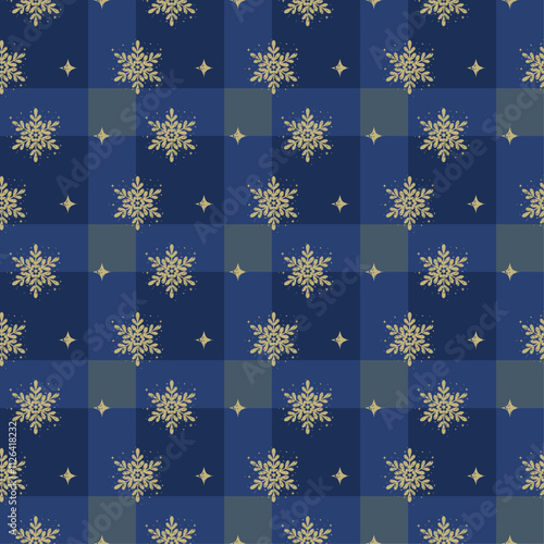 Elegant gold snowflakes on blue checked plaid seamless pattern, Christmas background.