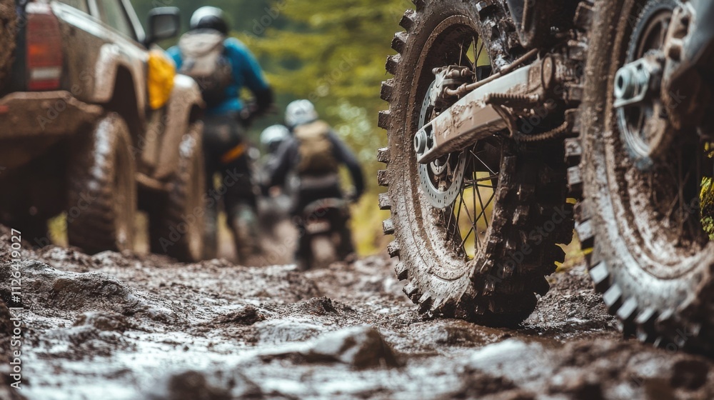 Muddy Off-Road Adventure: Motorcycles and SUVs Conquer a Challenging Trail Muddy Off-Road Adventure: Motorcycles and SUVs Conquer a Challenging Trail