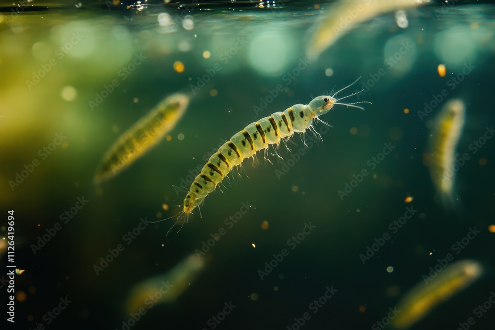 Obraz premium Incredible macro shot of mosquito larvae swimming in freshwater habitat underwater environment nature photography vibrant background close-up perspective fascinating life cycle concept