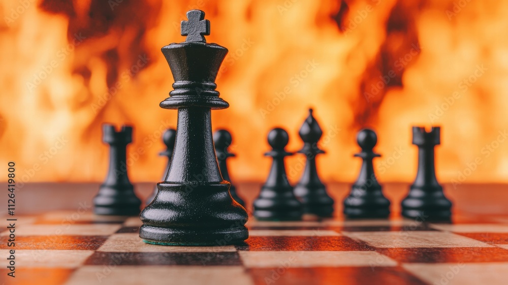 Black chess pieces with a fiery background creating a dramatic scene. Black chess pieces with a fiery background creating a dramatic scene.