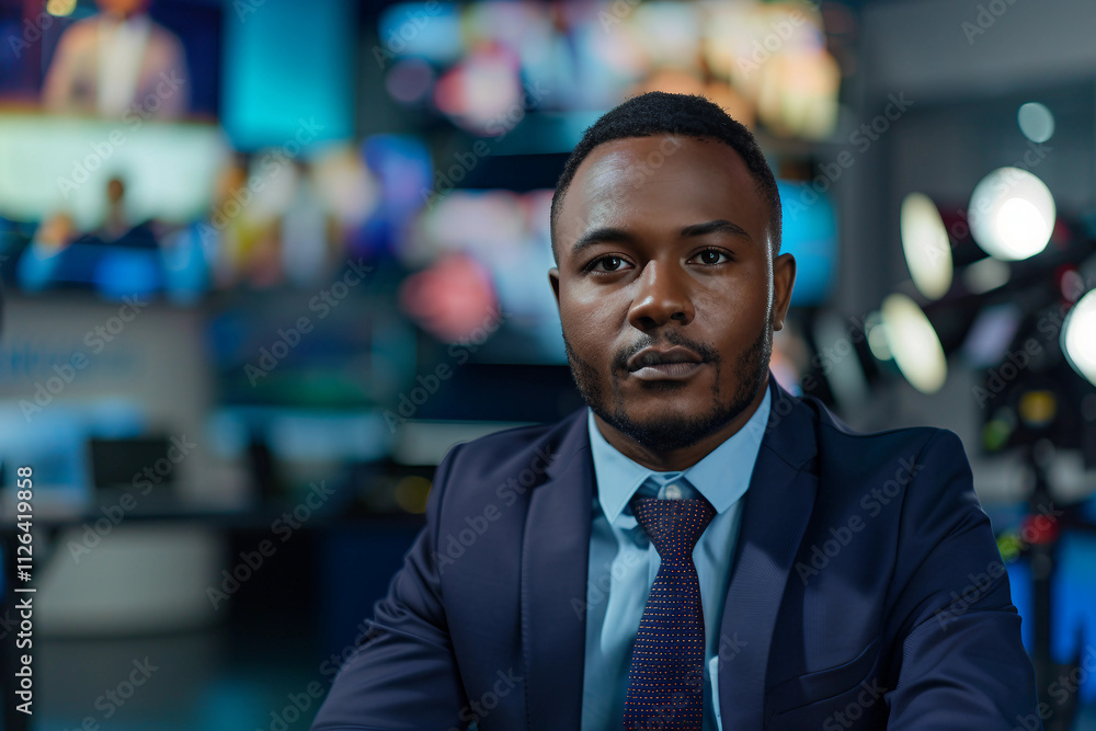 Generative AI professional male female Television Reporter in broadcast Studio with Camera Generative AI professional male female Television Reporter in broadcast Studio with Camera