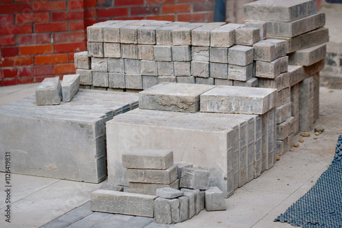 Pile of paving stones and bricks prepared for installation, process of laying bricks for durable pathway in an urban environment. Brick laying and installation of paving stones, with stacks of bricks