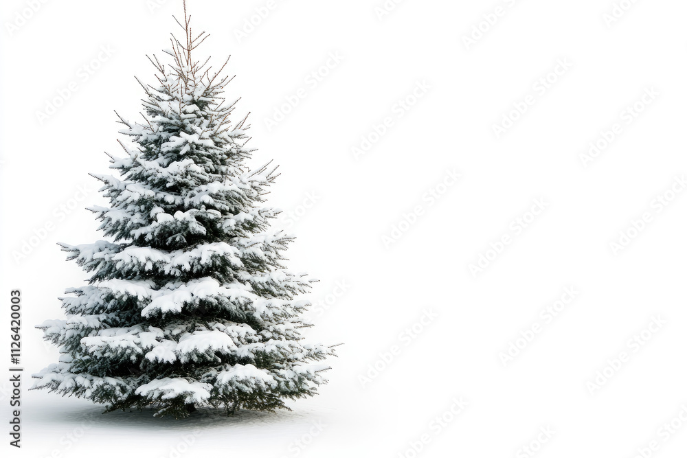 Fototapeta premium Winter pine tree covered in snow, isolated on a white background.
