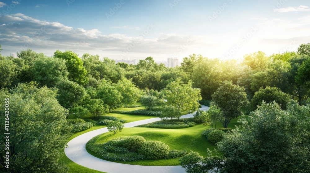 Obraz premium Modern architectural design of a house surrounded by lush green landscape urban park scenic viewpoint nature concept