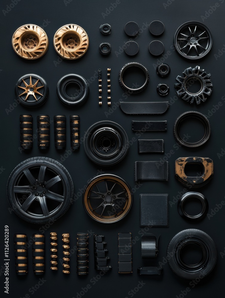 Fototapeta premium Numerous car tires, rims, and brake pads are arranged on a dark background, offering space for additional text or graphics. Generative AI
