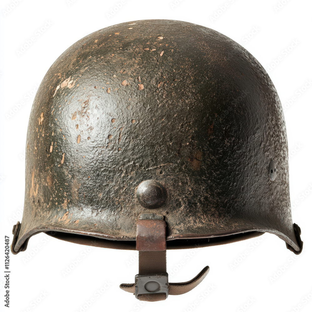 Fototapeta premium Vintage Military Helmet with Rustic Finish and Worn Texture Displayed on a White Background