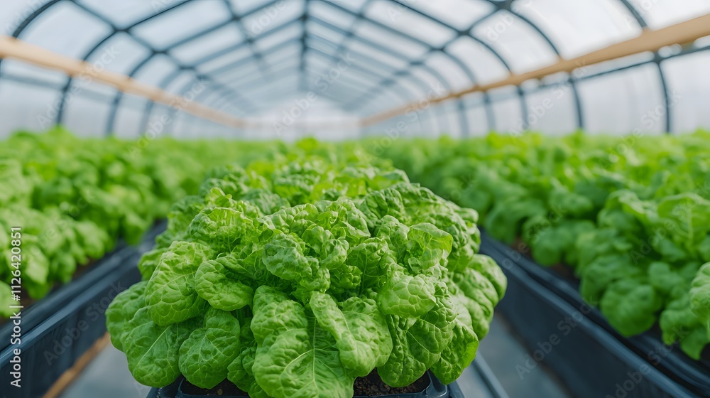Vibrant Green Lettuce Thrives in a Sunlit Greenhouse, Showcasing Agriculture's Modern Innovation. Cutting-edge Technology Meets Sustainable Farming Concept Vibrant Green Lettuce Thrives in a Sunlit Greenhouse, Showcasing Agriculture's Modern Innovation. Cutting-edge Technology Meets Sustainable Farming Concept