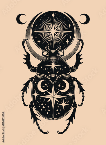 Elegant celestial scarab beetle in vintage black and white tattoo style