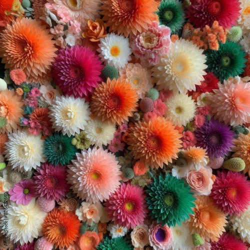 Flowers wall background with amazing red,orange,pink,purple,green and white chrysanthemum flowers ,Wedding decoration, hand made Beautiful flower wall background
