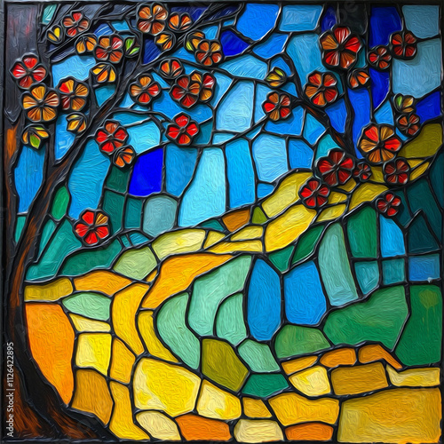 Colorful stained glass window. Multicolored interior design template. Oil painting