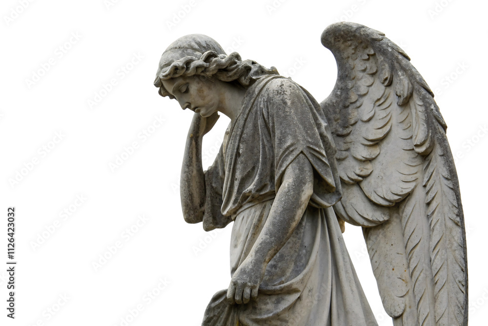 Fototapeta premium A detailed sculpture of a grieving angel with soft facial features, flowing robes, and intricately carved wings, evoking a sense of sorrow and reverence, set against a transparent background