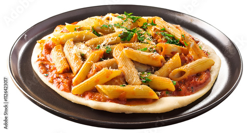 heavenly and healthy Indian food saucy potato penne with pizza dough. isolated on a transparent background, top view, PNG.