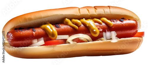 Hot Dog Sausage in a bun, topped with mustard, ketchup, onions. isolated on a transparent background, PNG.