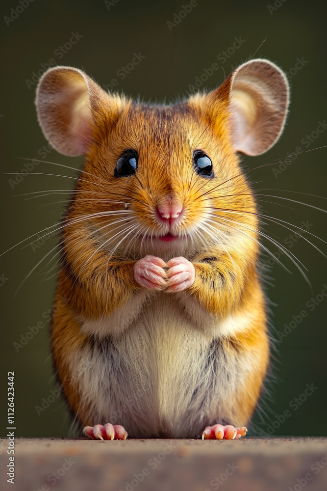 A small brown and white mouse sitting on top of a table A small brown and white mouse sitting on top of a table
