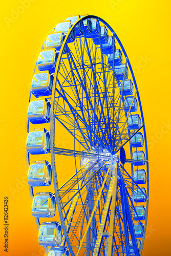 Photography Colorful blue steel structure with bright yellow-orange background