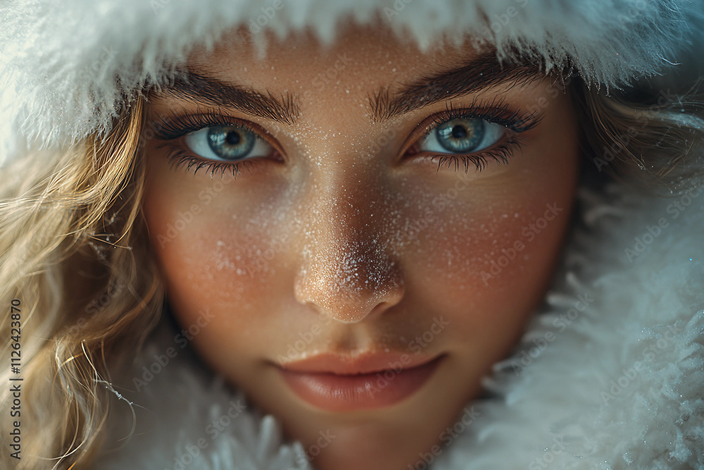 Portrait of a beautiful Snow Maiden girl with frosted face and bright blue eyes, Christmas Santa female character, Generative AI Portrait of a beautiful Snow Maiden girl with frosted face and bright blue eyes, Christmas Santa female character, Generative AI