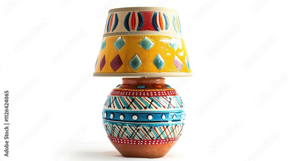 A colorful, ceramic desk lamp with a bright, patterned shade, isolated on a white background, adding a pop of color A colorful, ceramic desk lamp with a bright, patterned shade, isolated on a white background, adding a pop of color