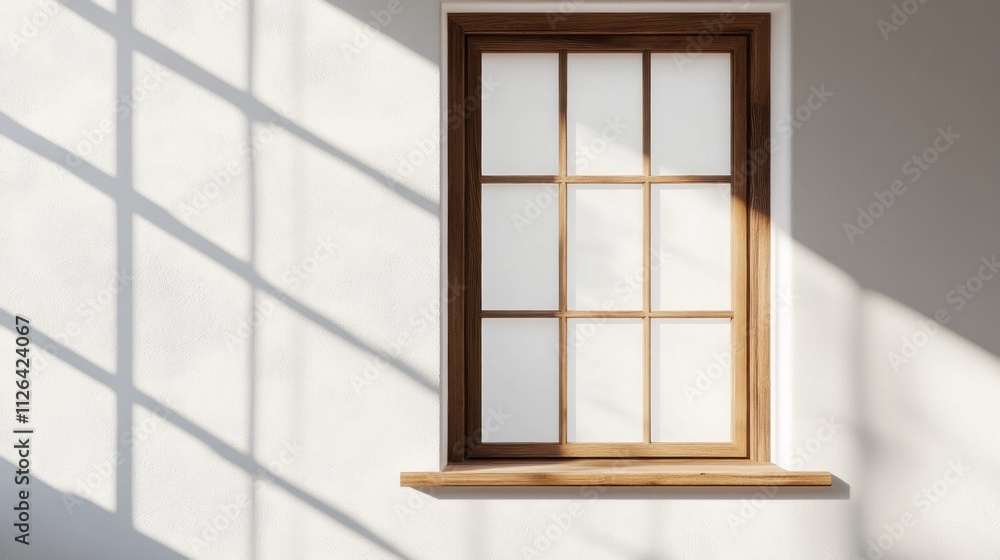 A wooden-framed window casting shadows on a white wall, creating a serene atmosphere. A wooden-framed window casting shadows on a white wall, creating a serene atmosphere.