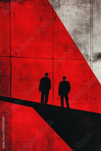 Two silhouettes of men against a bold red and black geometric background, featuring striking shadows and minimalist grunge textures for dramatic effect