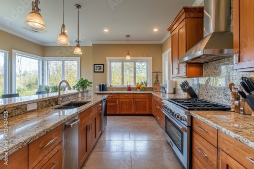 modern kitchen with wooden cabinets and granite countertops