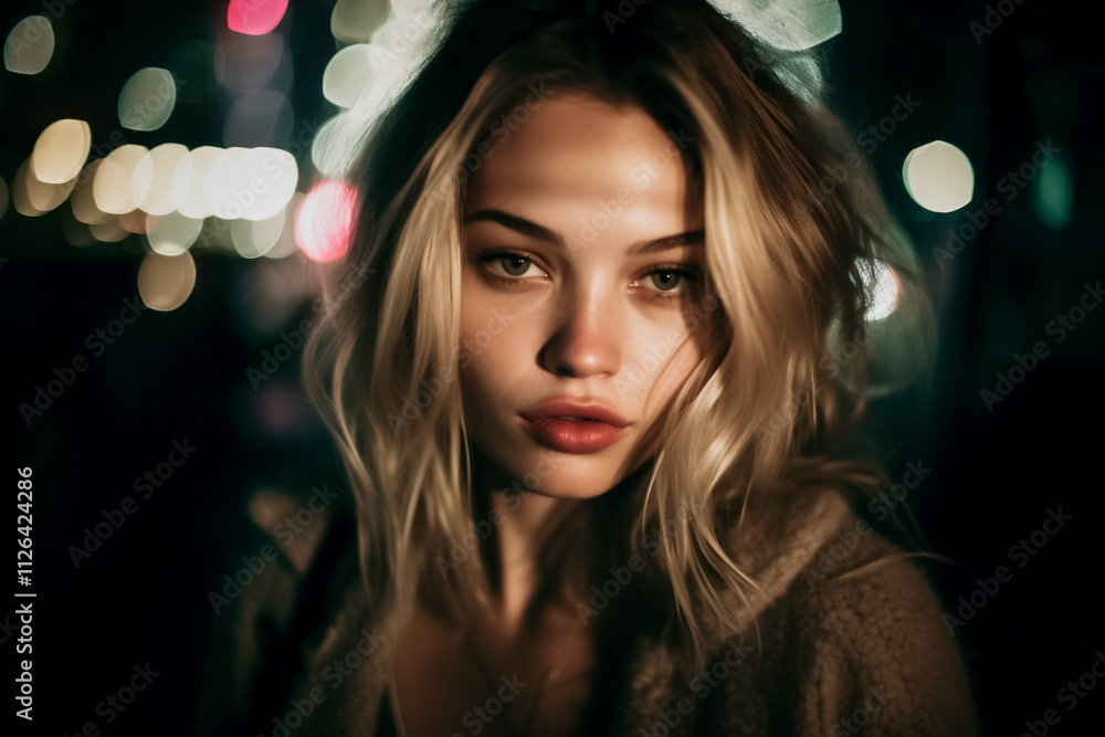 Portrait d'une jeune femme dans la rue la nuit Portrait d'une jeune femme dans la rue la nuit