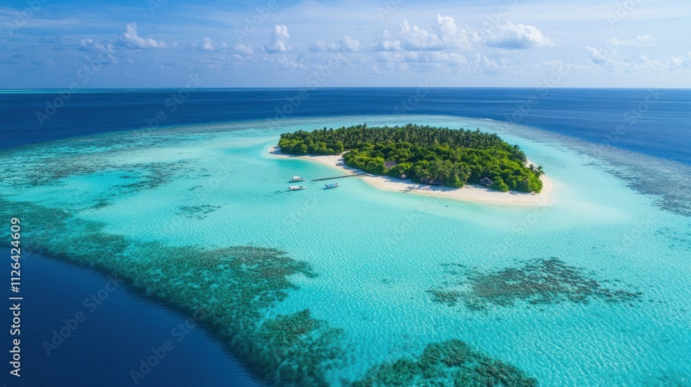 Tropical Island Paradise: An Aerial View of a Lush Island with Pristine Turquoise Waters Tropical Island Paradise: An Aerial View of a Lush Island with Pristine Turquoise Waters