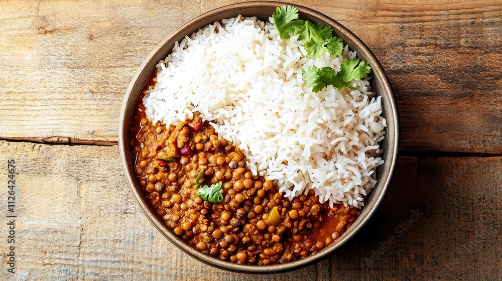 Bowl of spicy lentils with rice garnished with herbs on wooden surface Bowl of spicy lentils with rice garnished with herbs on wooden surface