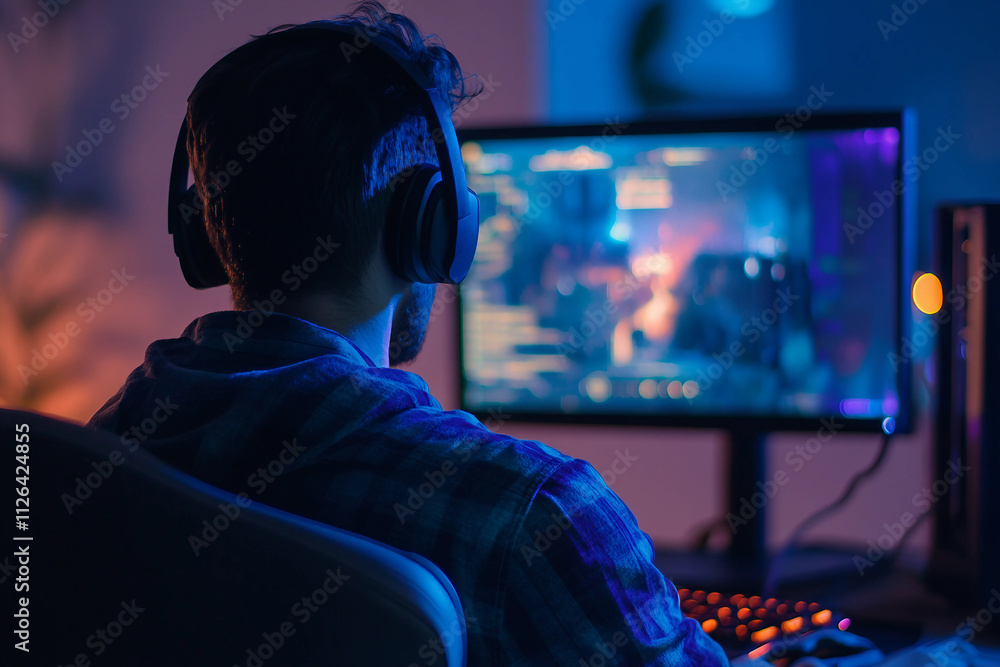 Gamer Immersed in Video Game with Headphones Highlighting Esports and Online Gaming Competition Generative AI Gamer Immersed in Video Game with Headphones Highlighting Esports and Online Gaming Competition Generative AI