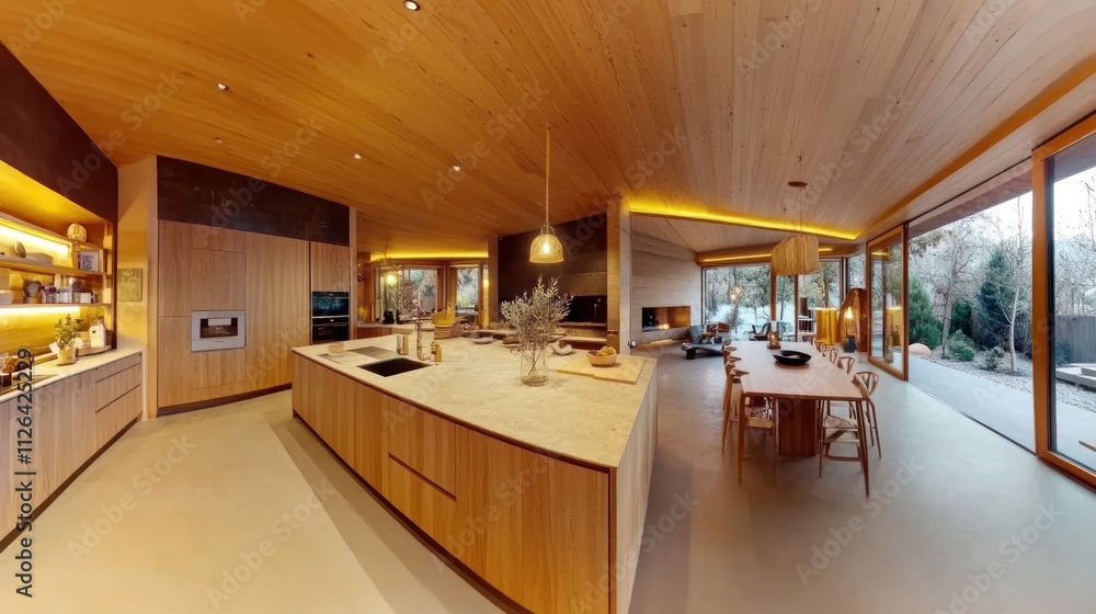 Modern kitchen interior with wooden elements and open layout, featuring dining area and large windows. Modern kitchen interior with wooden elements and open layout, featuring dining area and large windows.