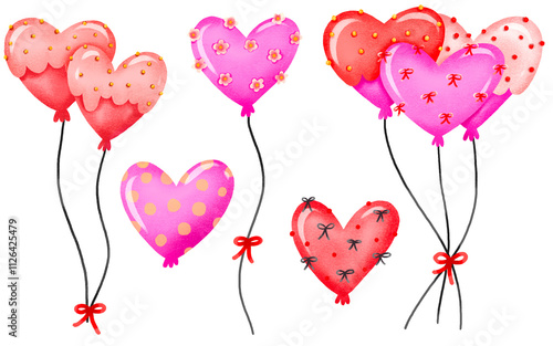 Set of glossy heart balloons, like cakes, with flowers and dots, white ribbons. Valentine day painting . Hand drawn illustration for card, party, design, flyer, poster