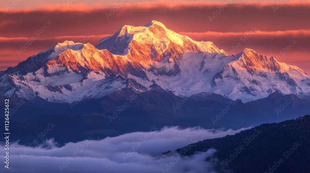 Majestic snow-capped mountain at sunset, showcasing vibrant colors and dramatic clouds. Majestic snow-capped mountain at sunset, showcasing vibrant colors and dramatic clouds.