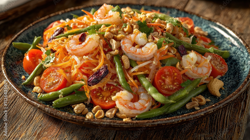 Fresh and colorful shrimp salad with vibrant vegetables, peanuts, and herbs, perfect for healthy meal. Enjoy delightful mix of flavors and textures! Fresh and colorful shrimp salad with vibrant vegetables, peanuts, and herbs, perfect for healthy meal. Enjoy delightful mix of flavors and textures!