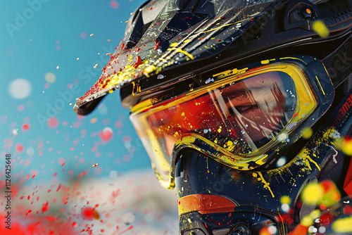 Dynamic paintball player in action with vibrant splashes of color - Generative AI artwork photo