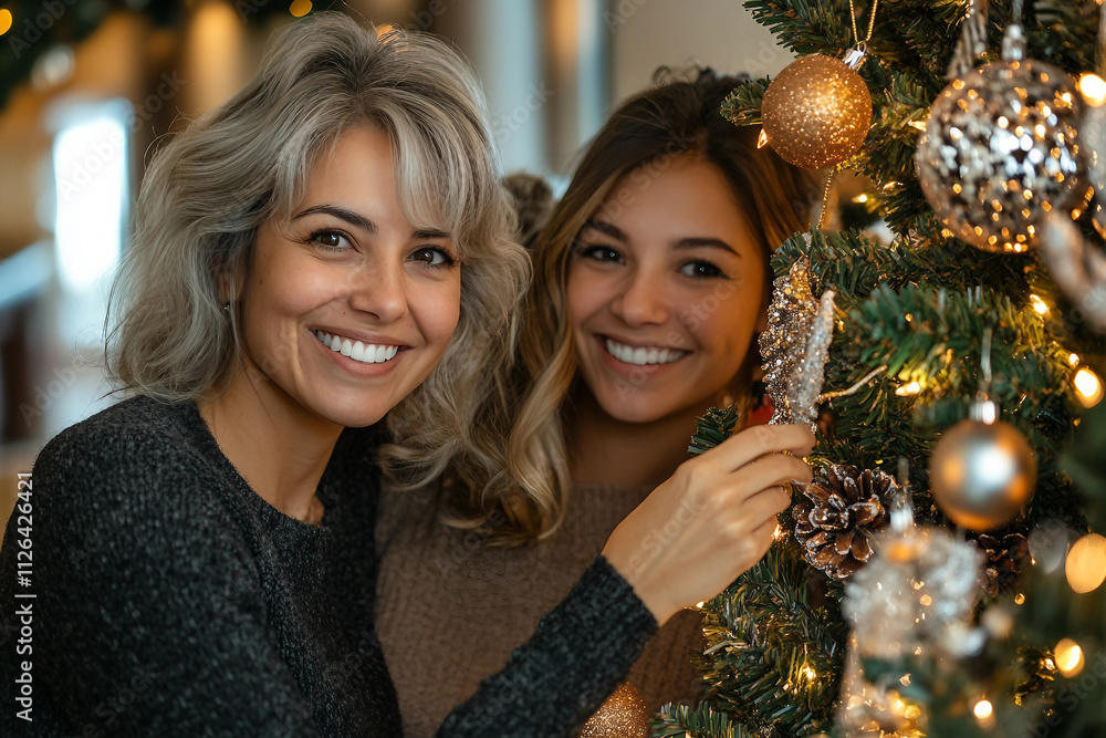 Generative AI Image of a Happy Family Decorating a Christmas Evergreen Tree Together