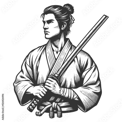 Bushido muscular samurai with katana, showcasing traditional Japanese warrior art sketch engraving generative ai fictional character vector illustration. Scratch board imitation. Black and white image