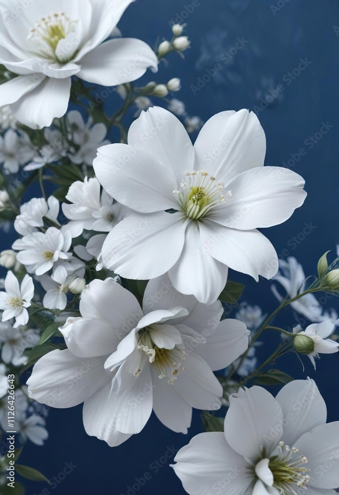 Soft and delicate white floral on vivid blue canvas, garden, brushstroke, canvas, decorative Soft and delicate white floral on vivid blue canvas, garden, brushstroke, canvas, decorative