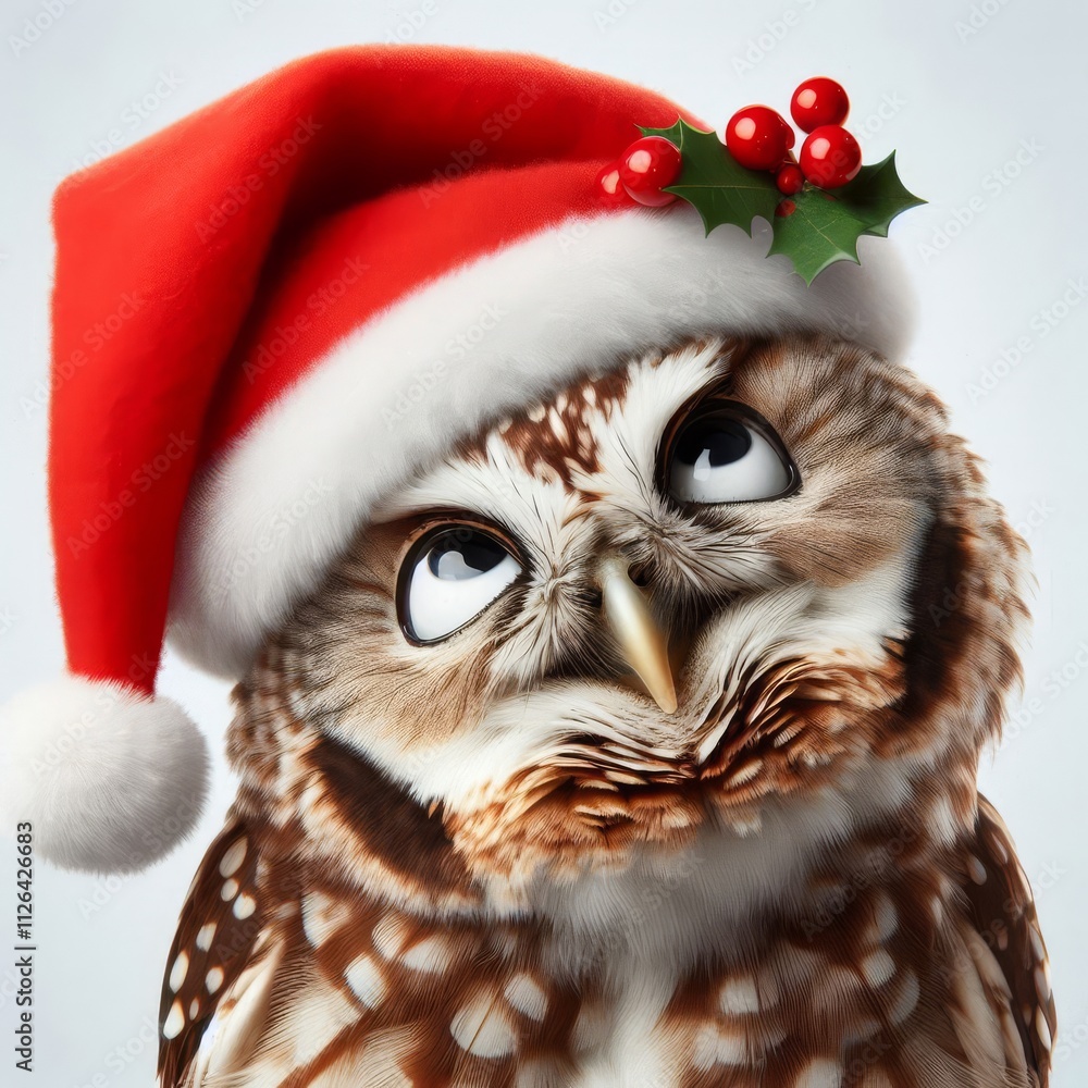 funny owl with tilted head in santa claus hat on white isolated background
funny owl with tilted head in santa claus hat on white isolated background