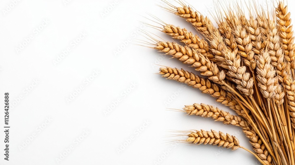 A photostock of golden wheat grains neatly arranged against a clean white background, highlighting natural farming and food production themes. High Quality A photostock of golden wheat grains neatly arranged against a clean white background, highlighting natural farming and food production themes. High Quality