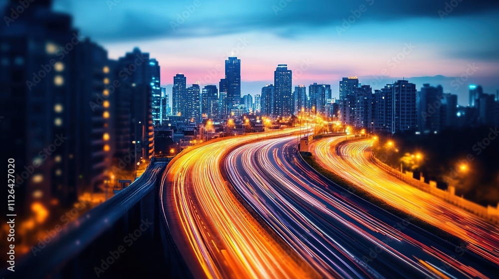 Fototapeta premium A glowing cityscape at night viewed from a distance, representing a sense of ambition, drive, and distant goals.