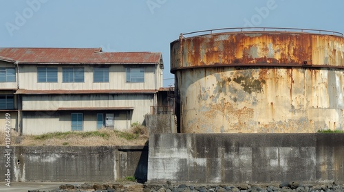 rusty steel tank beside an industrial warehouse capturing sunlight in an urban landscape photo