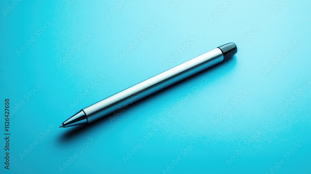 Elegant silver pen on a vibrant blue background showcasing minimalist stationery design ideal for promotional or creative projects Elegant silver pen on a vibrant blue background showcasing minimalist stationery design ideal for promotional or creative projects