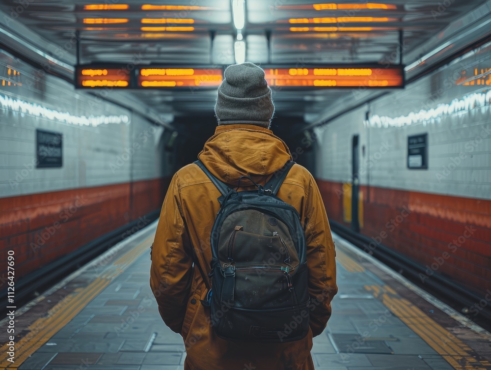 A homeless people from behind in the subway. The man is watching a wall. A homeless people from behind in the subway. The man is watching a wall.