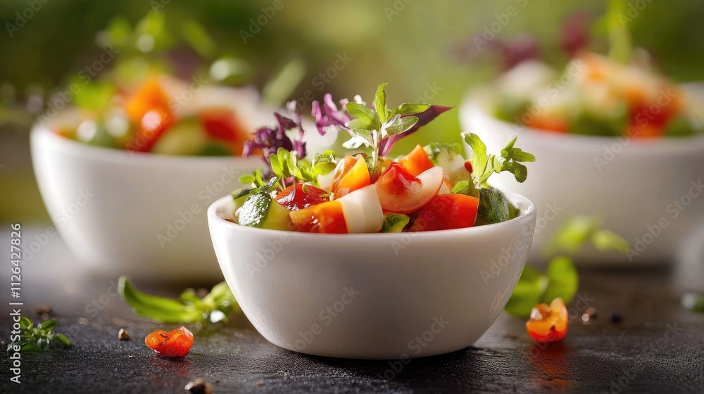 Fresh colorful vegetable salad in white bowls garnished with herbs, showcasing healthy cuisine and vibrant ingredients. Fresh colorful vegetable salad in white bowls garnished with herbs, showcasing healthy cuisine and vibrant ingredients.