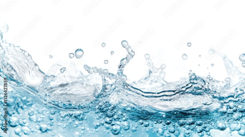 High-speed capture of a dynamic water splash with numerous bubbles, against a clean white background, highlighting fluid motion and clarity, water, liquid, freshness, purity. High-speed capture of a dynamic water splash with numerous bubbles, against a clean white background, highlighting fluid motion and clarity, water, liquid, freshness, purity.