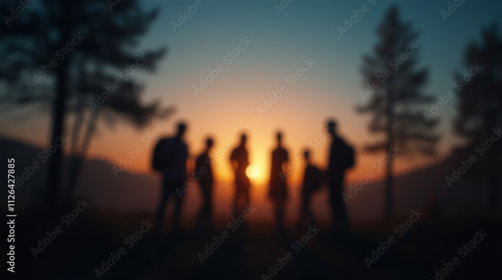 Silhouettes of people with backpacks against the backdrop of mountains and an evening sky with orange hues. Tourism and outdoor recreation Silhouettes of people with backpacks against the backdrop of mountains and an evening sky with orange hues. Tourism and outdoor recreation