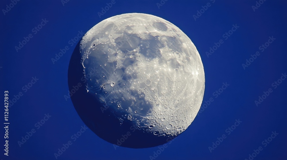 Moon in a clear blue sky showcasing intricate details and craters of its surface illuminated by soft sunlight. Moon in a clear blue sky showcasing intricate details and craters of its surface illuminated by soft sunlight.