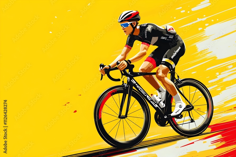 Fototapeta premium Competitive cyclist racing on bold yellow background during a dynamic event